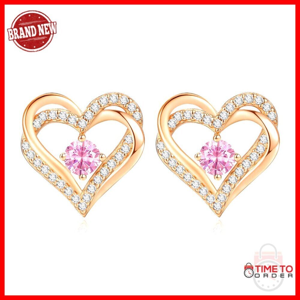 925 Sterling Silver Heart Stud Earrings with Birthstone, Gift for Women